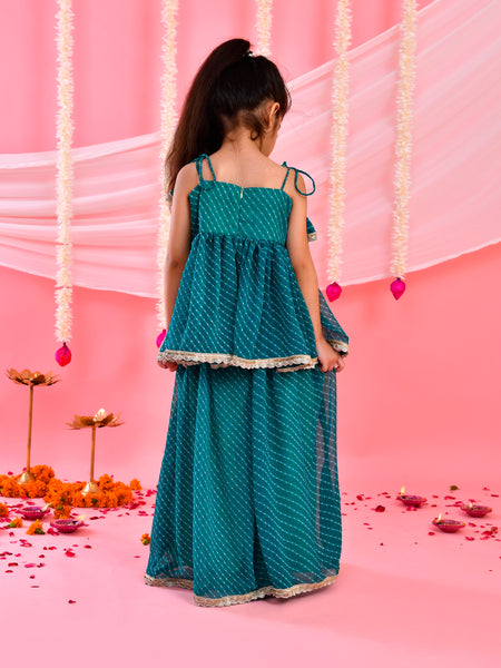 Teal Green Leheriya Peplum Palazzo Set for Kids