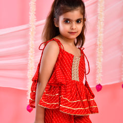 Red Kids Peplum Sharara Set with Gota & Lace Details