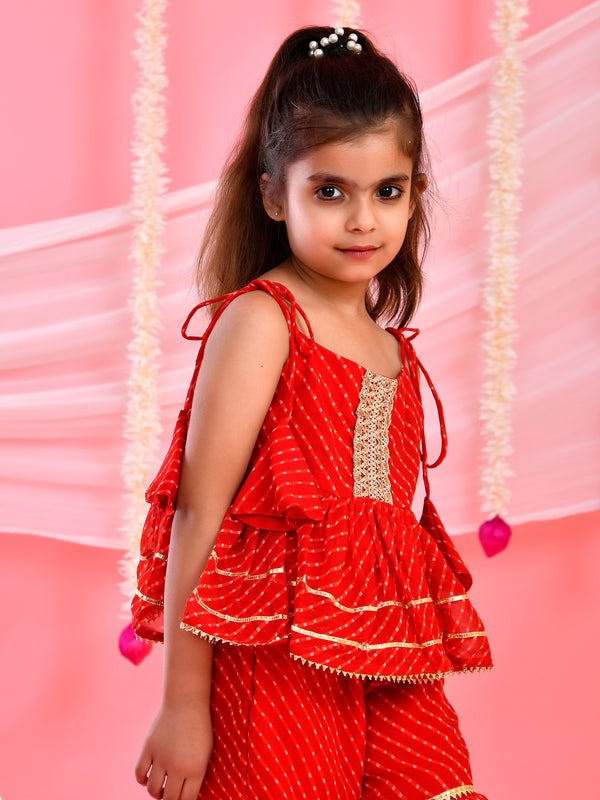 Red Kids Peplum Sharara Set with Gota & Lace Details