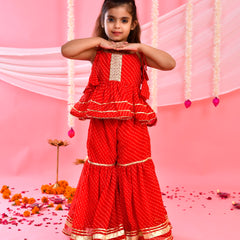Red Kids Peplum Sharara Set with Gota & Lace Details