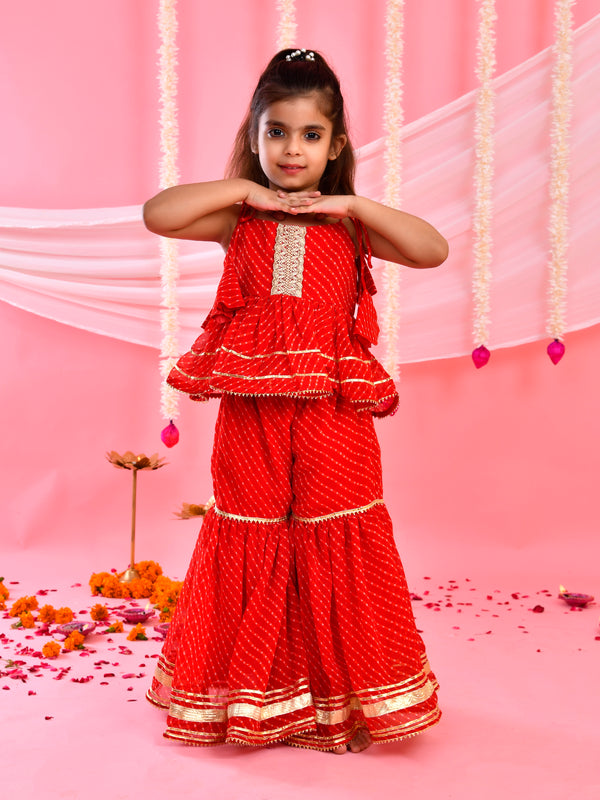 Red Kids Peplum Sharara Set with Gota & Lace Details