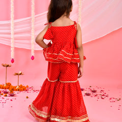 Red Kids Peplum Sharara Set with Gota & Lace Details