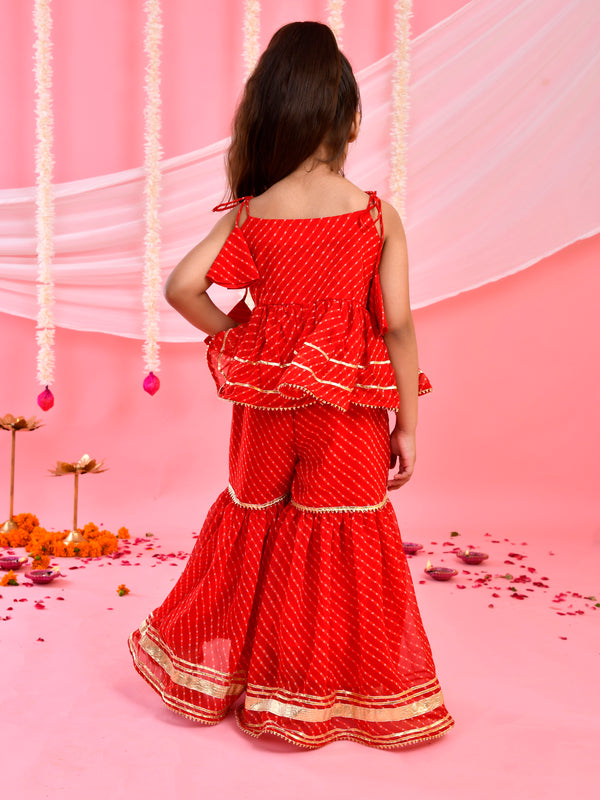 Red Kids Peplum Sharara Set with Gota & Lace Details