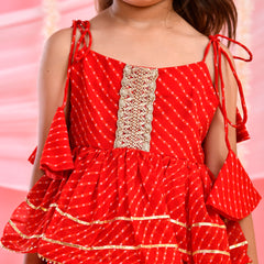 Red Kids Peplum Sharara Set with Gota & Lace Details