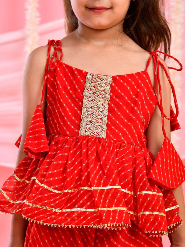 Red Kids Peplum Sharara Set with Gota & Lace Details