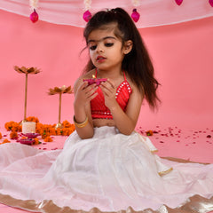 Pink & White Kids Halter Neck Flared Lehenga Set