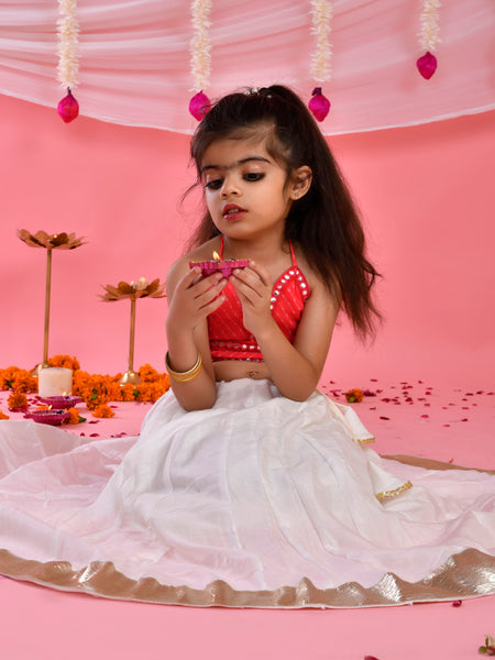 Pink & White Kids Halter Neck Flared Lehenga Set