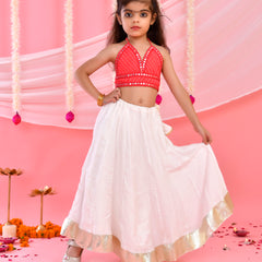 Pink & White Kids Halter Neck Flared Lehenga Set