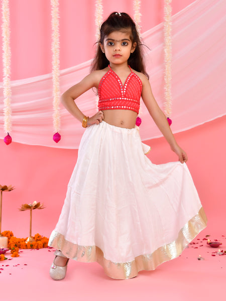 Pink & White Kids Halter Neck Flared Lehenga Set