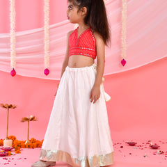 Pink & White Kids Halter Neck Flared Lehenga Set