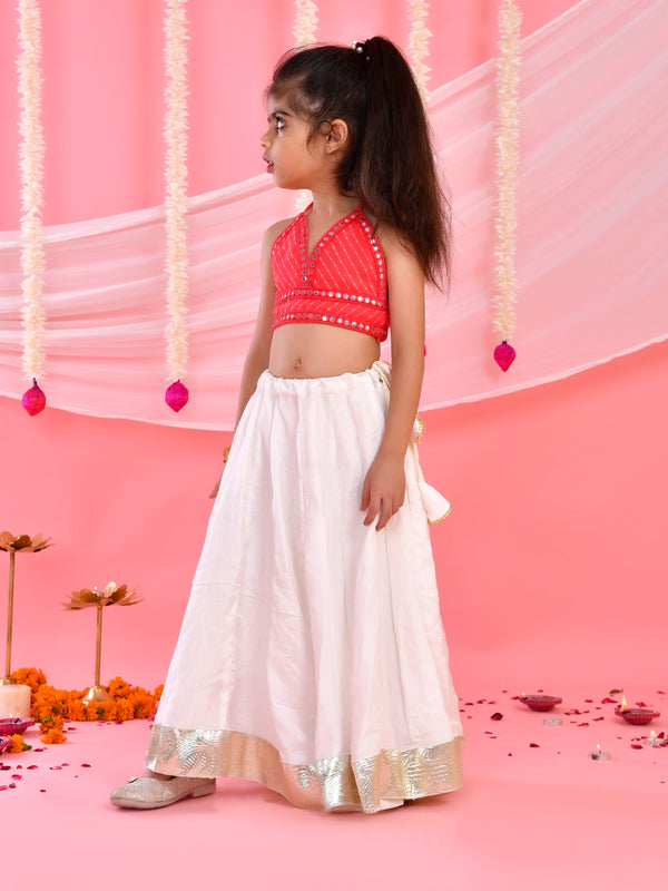 Pink & White Kids Halter Neck Flared Lehenga Set