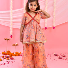 Peach Floral Kids Kurta Palazzo Set with Lace Detailing