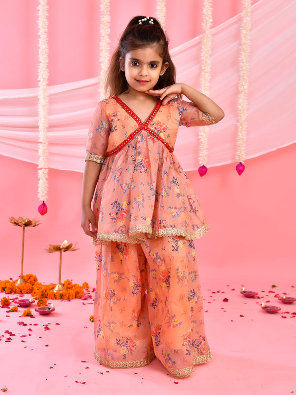 Peach Floral Kids Kurta Palazzo Set with Lace Detailing
