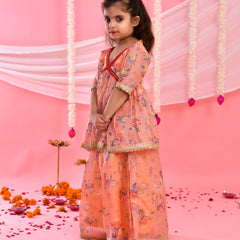 Peach Floral Kids Kurta Palazzo Set with Lace Detailing