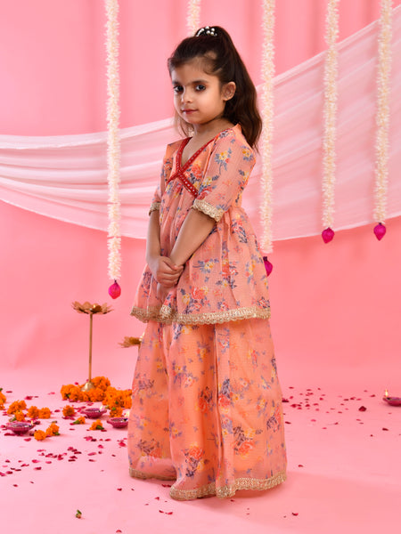 Peach Floral Kids Kurta Palazzo Set with Lace Detailing