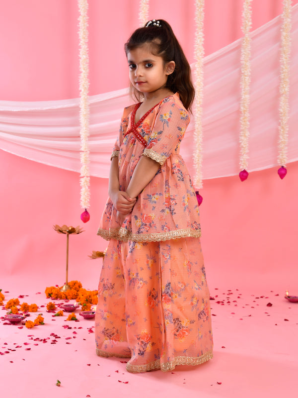 Peach Floral Kids Kurta Palazzo Set with Lace Detailing