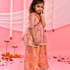 Peach Floral Kids Kurta Palazzo Set with Lace Detailing