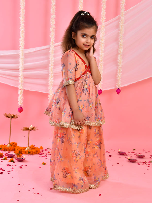 Peach Floral Kids Kurta Palazzo Set with Lace Detailing