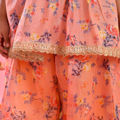 Peach Floral Kids Kurta Palazzo Set with Lace Detailing