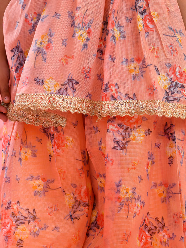 Peach Floral Kids Kurta Palazzo Set with Lace Detailing