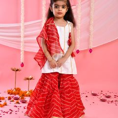 White & Red Bandhani Kids Sharara Set with Dupatta