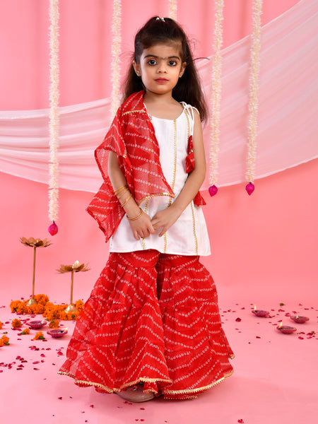 White & Red Bandhani Kids Sharara Set with Dupatta