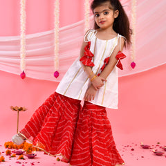 White & Red Bandhani Kids Sharara Set with Dupatta
