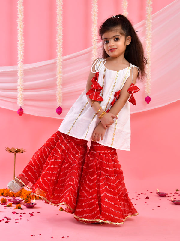 White & Red Bandhani Kids Sharara Set with Dupatta