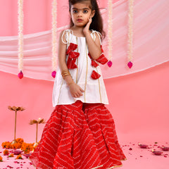 White & Red Bandhani Kids Sharara Set with Dupatta