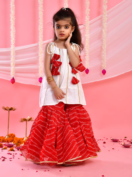 White & Red Bandhani Kids Sharara Set with Dupatta
