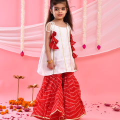 White & Red Bandhani Kids Sharara Set with Dupatta