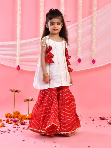 White & Red Bandhani Kids Sharara Set with Dupatta