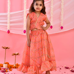 Peach Bandhani Frilled Top & Lehenga Set for Kids