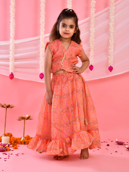 Peach Bandhani Frilled Top & Lehenga Set for Kids