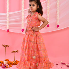 Peach Bandhani Frilled Top & Lehenga Set for Kids