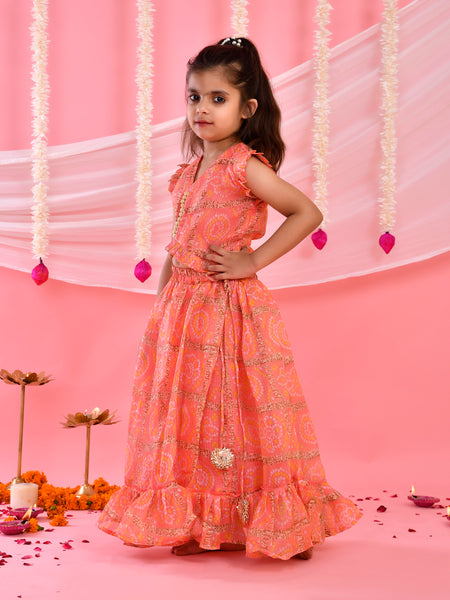 Peach Bandhani Frilled Top & Lehenga Set for Kids
