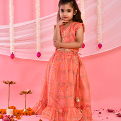 Peach Bandhani Frilled Top & Lehenga Set for Kids
