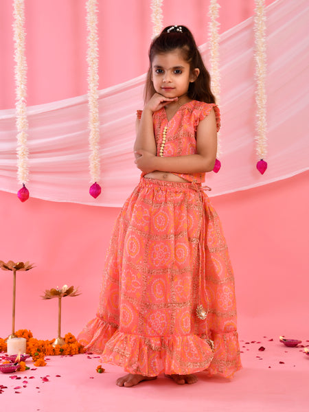 Peach Bandhani Frilled Top & Lehenga Set for Kids