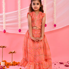 Peach Bandhani Frilled Top & Lehenga Set for Kids