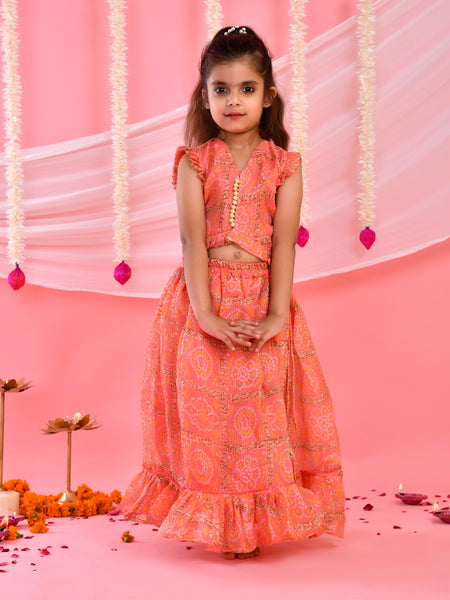 Peach Bandhani Frilled Top & Lehenga Set for Kids