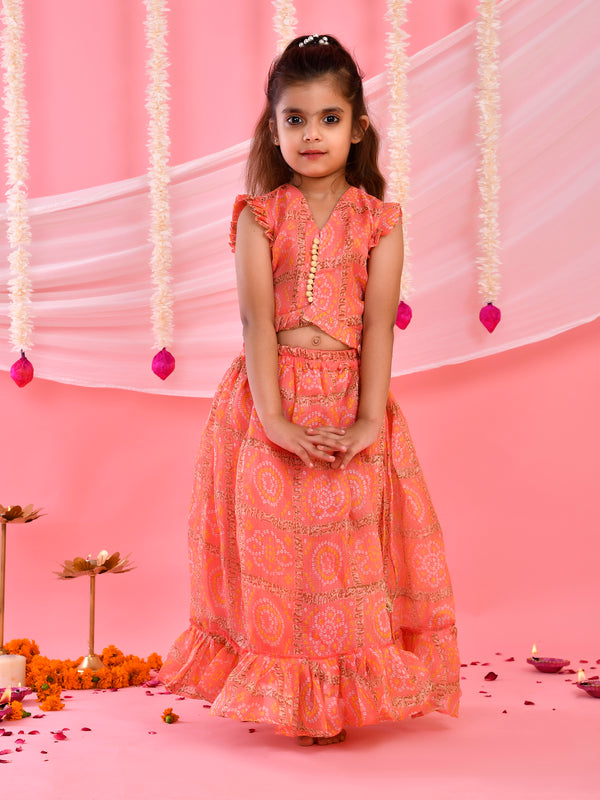 Peach Bandhani Frilled Top & Lehenga Set for Kids