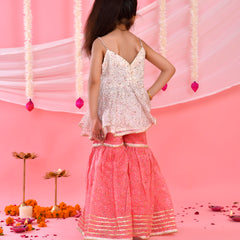 White & Pink Floral Kids Peplum Sharara Set with Dupatta