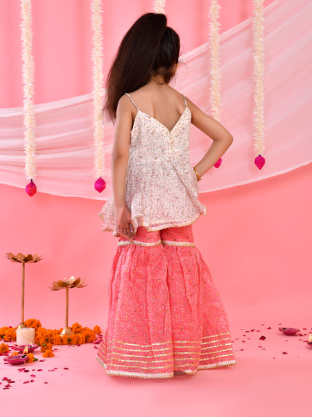 White & Pink Floral Kids Peplum Sharara Set with Dupatta