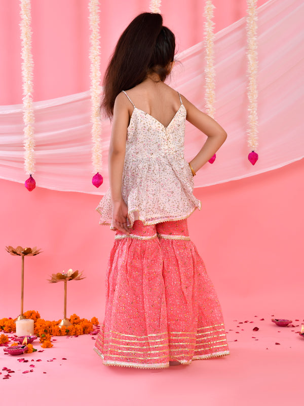 White & Pink Floral Kids Peplum Sharara Set with Dupatta
