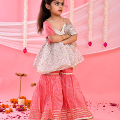 White & Pink Floral Kids Peplum Sharara Set with Dupatta