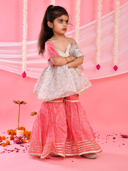 White & Pink Floral Kids Peplum Sharara Set with Dupatta