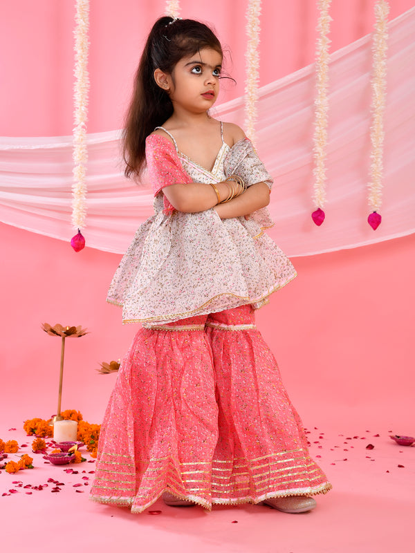 White & Pink Floral Kids Peplum Sharara Set with Dupatta