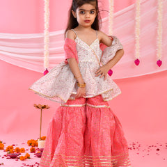 White & Pink Floral Kids Peplum Sharara Set with Dupatta