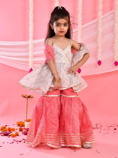 White & Pink Floral Kids Peplum Sharara Set with Dupatta