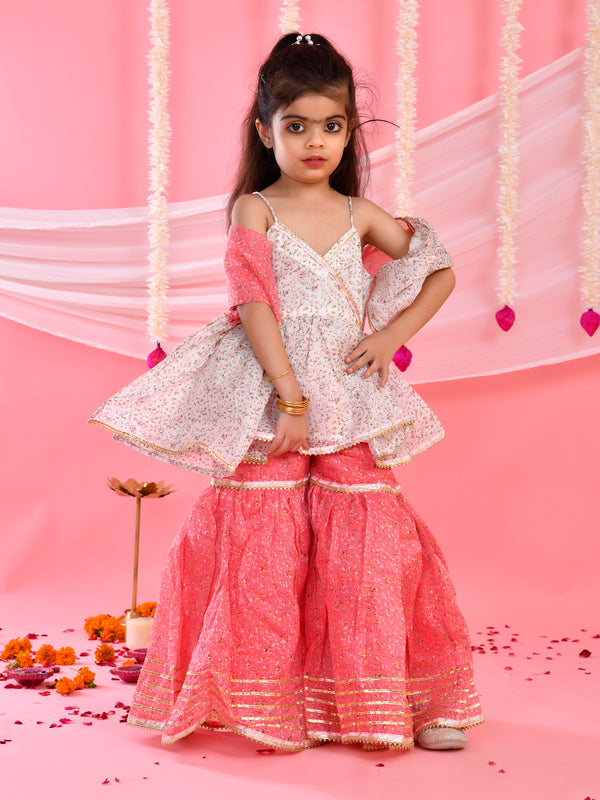 White & Pink Floral Kids Peplum Sharara Set with Dupatta